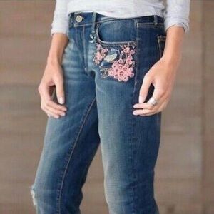 DRIFTWOOD Blue and Pink Skinny Jeans with Floral Embroidery
